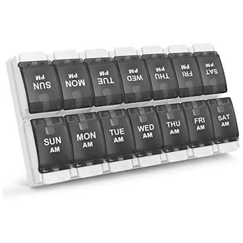 Image of Sukuos AM PM Weekly 7 Day Pill Organizer, 2 Times A Day Pill Box with Arthritis Friendly Push Button, Medicine Cases for Vitamin /Fish Oil /Supplements, Easy to Clean (Black)