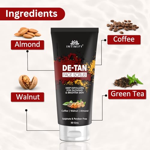 Image of INTIMIFY Detan Face Scrub | For Tan Removal | Exfoliate Dead Skin With Walnut, Coffee | for Women & Men - 50g