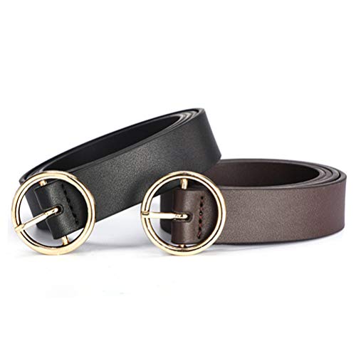 Cinto feminino casual de couro genuíno com fivela redonda para acessórios de vestidos e jeans (café)
