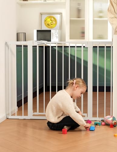 Image of Babelio 36" Tall Baby Gate, PressGuard P7, 29-48" Auto Close Pressure Mounted Dog Gate for Stairs, Doorways & Hallway, Protector Basics Easy Walk Thru Pet Gate, White