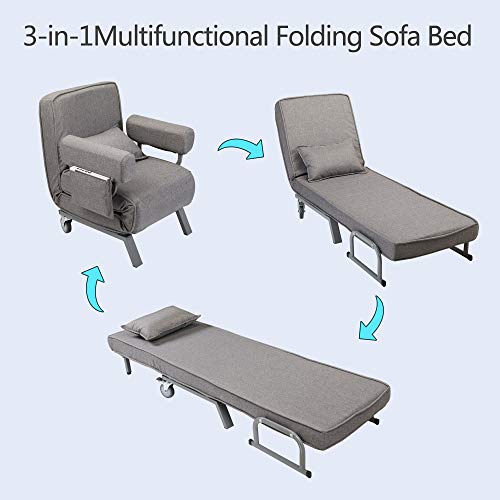 Convertible Sofa Bed Folding Arm Chair Sleeper Leisure Recliner Lounge Couch 6 Positions Adjustable Backrest (Grey)
