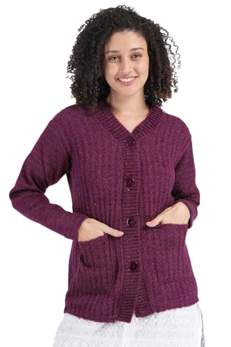 Image of MANRA Women's Woolen V-Neck Buttoned Full Sleeve Cardigan Self Design Soft Wool Fabric Winter Wear Pure Wool Sweater Fully Warm with Front Pockets Stylish Cardigan