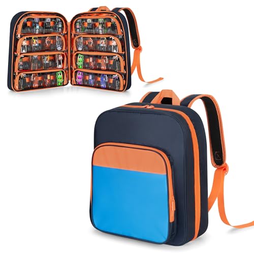 CURMIO Toy Cars Storage Backpack Compatible with Monster Jam Trucks/Hot Wheels 1:64 Scale Monster Trucks, Portable Carrying Case Bag with Front Pocket for Monster Truck, Dark Blue (Bag Only)
