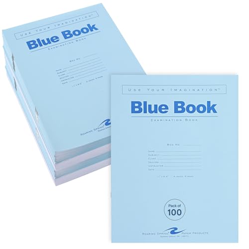 ROARING SPRING Exam Blue Books, 100 School Examination Booklets, 11' x 8.5', 4 Sheets/8 Pages, Wide-Ruled with Margin Student Testbook, Made in USA