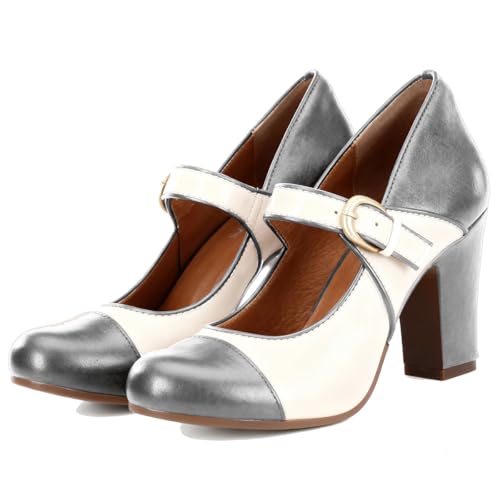Image of SHODENSE Women Vintage Chunky High Heel Mary Jane Shoes Round Closed Toe Ankle Strap Dress Sandals 3 inch Block Heels Mary Jane Lolita Pumps Two-Toned Patchwork Buckle Office Lady Wedding Retro 4-11 M US