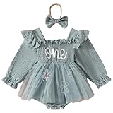 Twinklesweetie Baby Girl Romper Dress with Embroidery Tulle Tutu Hem & Ruffles One Lettering, Adjustable Headband Snap Crotch Perfect for Birthdays Everyday Wear (Blue, 9-12 Months)