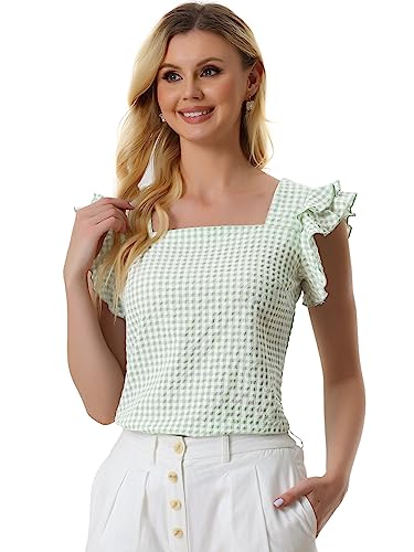 Image of Allegra K Summer Gingham Tops for Women's Square Neck Ruffle Sleeve Plaid Blouse Green L