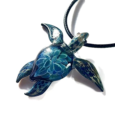 Authentic Handcrafted Glass Hawaiian Honu Sea Turtle Jewelry Pendant Necklace - Perfect Nature Gift For Beach Lovers With Green Turquoise Coral Reef Ocean Design #TOP2