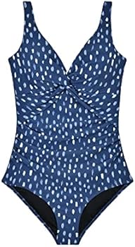 WIN.MAX Zwemkostuum voor vrouwen, badmode, buikcontrole, ruches, retro eendelig badpak, voor D tot G cup, Blauw en regendruppels, 44