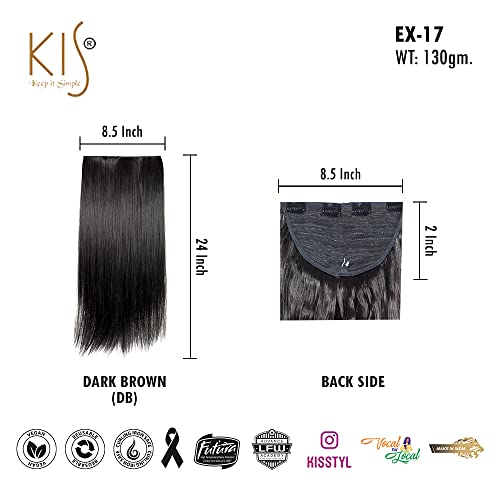 Image of KIS Synthetic Straight Hair Extensions with 4 Clip-in for Women, Dark Brown | 24 Inches, Natural, Soft Heat Resistant Hair, Thick Washable Reusable, Artificial Hair Clip on Extension for Bridal, Wedding