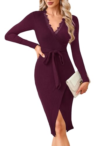 Newshows Strickkleid Damen Winterkleid Elegant V Ausschnitt Langarm Bodycon Winter Wickelkleid Midikleid Weinrot,L