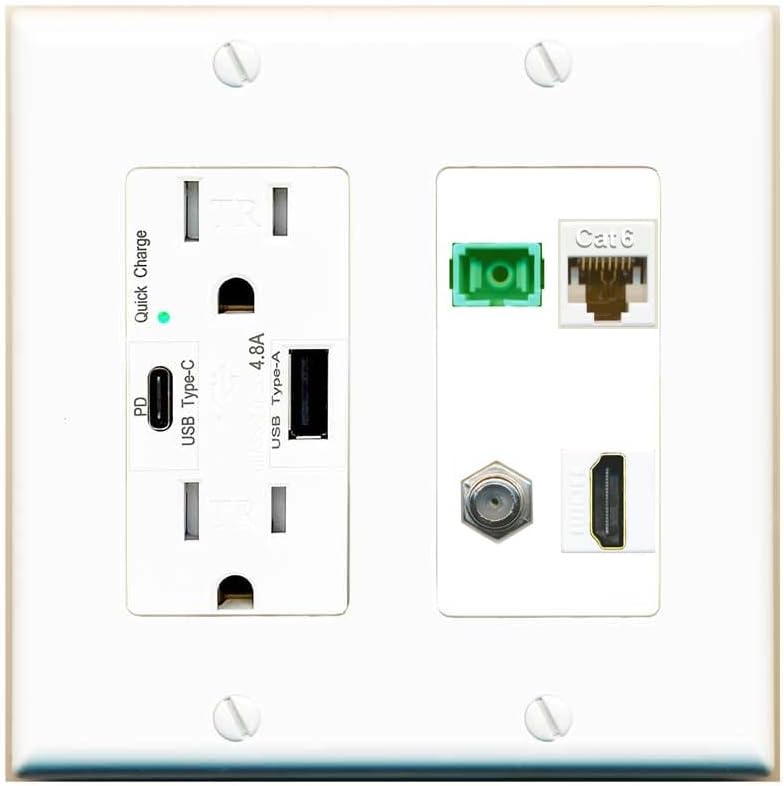 RiteAV 1 Port Fiber Optic Jack SC Simplex APC + Cat6 + Coax + HDMI Wall Plate - USB A+C Charger Outlet [White]