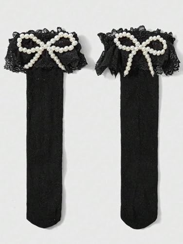 Women's Cute Lace Calf Socks with Pearl and Bowknot, Frilly Ruffle Trim, Lolita Style Sock, One Size2