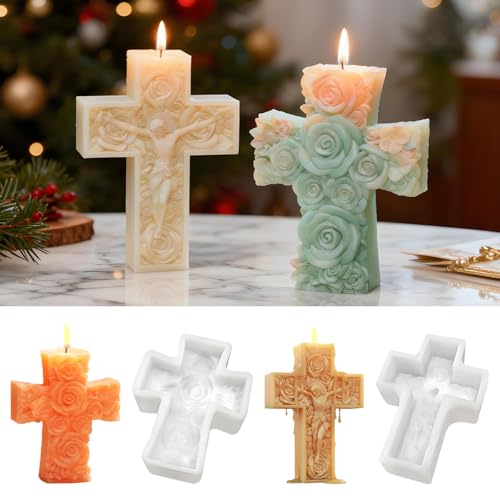 YXDGSG Cross Silicone Mold 2-Pack Rose and European Portrait Cross 3D Flower Detail Design Epoxy Resin Mold for Candles Clay Plaster and Resin Casting
