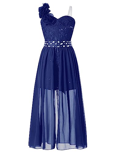 renvena Robe De Soirée Fille en Chiffon Une Épaule Robe De Baptême Demoiselle Dhonneur Élégante Aligne Mariage Fête Fille 516 Ans Bleu Marine 13-14 Ans