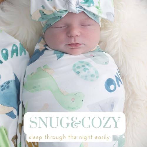 Image of Newborn Swaddle Sets with Headband Beanie and a Name Card Baby Snug Wrap Receiving Blanket for Baby Boys Girls (Green Dinosaur)