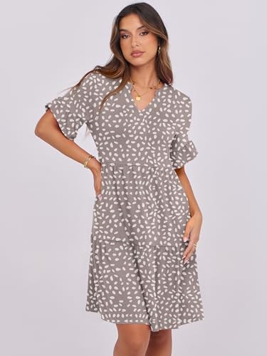 ANRABESS Women\'s Summer Casual Dress, V-Neck Ruffle Sleeve Tiered Mini Dress, Soft Comfy Fabric with Pockets for All-Day Wear Khaki Polka Dot XX-Large