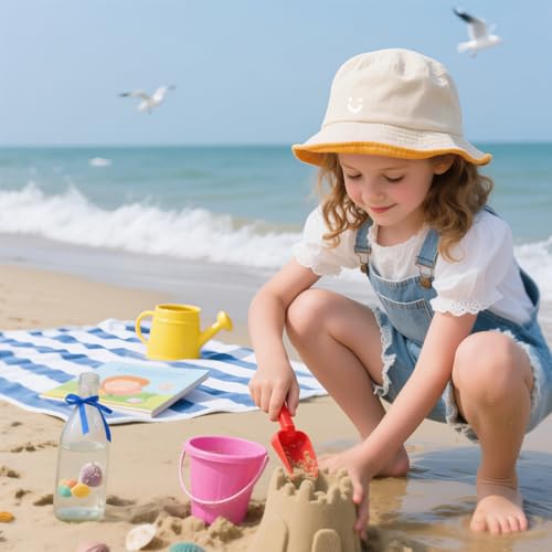 O-Kinee Sonnenhut Kinder,Anglerhut mit Lächeln Mädchen,Fischerhut Faltbar,Sommerhut Outdoor für Mädchen und Jungen,Doppelseitiger Bucket Hat für Kinder von 2–8 Jahren,Weiß und Gelb