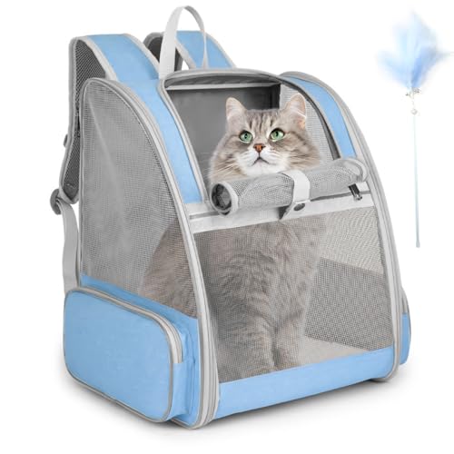 Cat Backpack Carrier, Large Pet Backpack with Kitten Wand Feather Toy for Medium Small Dog Cat Puppy Kitty Bunny up to 15lbs, Ventilated Mesh Dog Travel Carrier for Hiking Walking Outdoor Use (Blue)