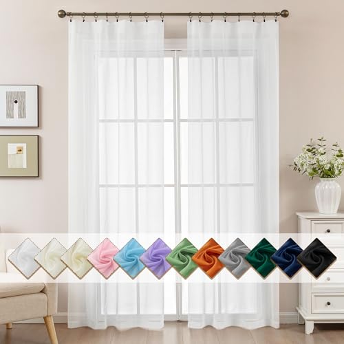 Image of White Sheer Curtains 84 Inches Long, Privacy Semi Sheer Curtains for Living Room Bedroom, Light Filtering Rod Pocket Voile Window Drapes 2 Panels Set, Each 42 inch W x 84 inch L