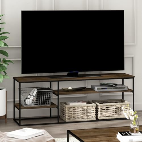 Image of Furinno Moretti TV Stand for TVs up to 65 Inch, 3-Tier Rustic Brown Entertainment Center, Open Back TV Console with Cable Management, for Living Room, Bedroom, Brown Walnut