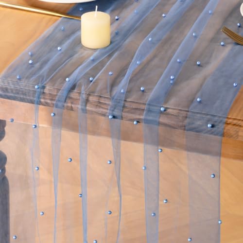 Image of MLMC Dusty Blue Pearl Table Runner Sheer Cheesecloth Table Runner 10Ft | Boho Rustic Beaded Gauze Table Runner Lightweight Cheese Cloth Centerpiece for Wedding Events Home Decoration 29 inchx120 inch