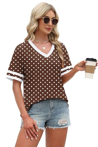 Image of WIHOLL Womens T Shirts Loose Fit Short Sleeve Tees V Neck Color Block Summer Tops 2026 Fashion S-4XL