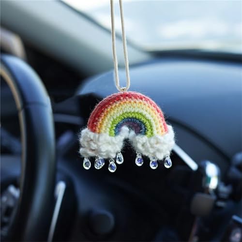 Cute Rainbow Car Mirror Hanger - Crochet Hand Knitted Rear View Mirror Accessory