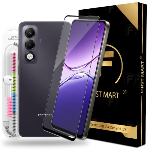 Image of FIRST MART Tempered Glass for Oppo K13x and Oppo K13, 9H 0.3 mm Full-Glue Screen Protector with Cable Protector, 3D Edge-to-Edge, HD Clear, Case-Friendly, Black, Pack of 1