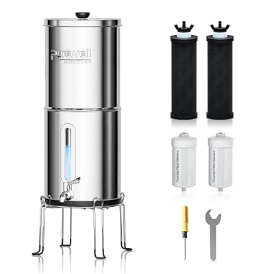 Purewell 2.25G Gravity Water Filter System with Water Level Window, 8-Stage 0.01?m Ultra-Filtration Stainless Steel Countertop System with 4 Filters and Stand, Reduce Fluoride and Chlorine, PW-KS-CF