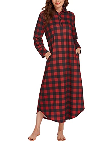 Ekouaer Women's Cotton Nightgown Long Sleeve Plaid Sleep Shirts Button Down Sleepwear with Pockets