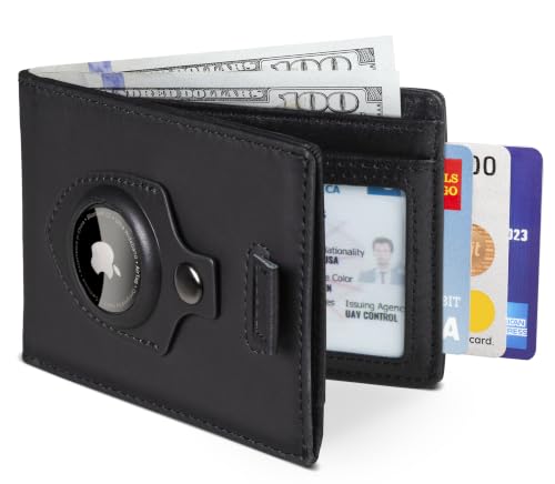 SERMAN BRANDS AirTag Wallet - RFID Blocking Mens Minimalist Bifold Wallet for Airtag - Full Grain Leather - Slim Bifold. Front Pocket for Air tag Wallets for men. Gift (Charcoal Black 2.0 Air)