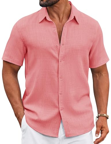 COOFANDY Men's Linen Shirts Short Sleeve Casual Shirts Button Down Shirt for Men Beach Summer Wedding Shirt Champagne Pink