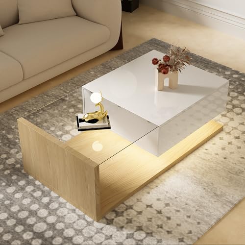 NovaFurnish Mesa de centro, color negro brillante, mesa auxiliar, mesa de centro con cristal y efecto LED, con tapa de cristal (blanco y color madera, 105 x 55 x 32,5 cm) - imagen 2