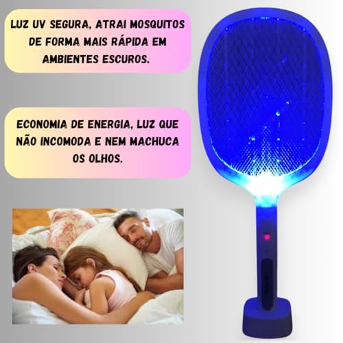 Raquete Elétrica Mata Mosquito Pernilongo E Insetos Armadilha Contra Dengue Com Base E Luz Roxa Led