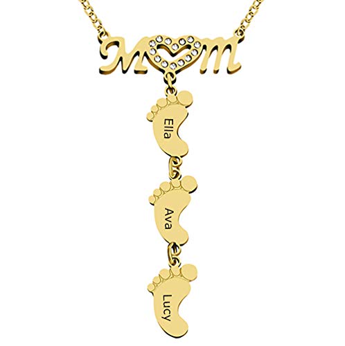 WENSDIA Personalized Mom Heart Symbol Necklace with Child Name Feet Charms (A- Gold)