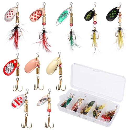 Huiguli 10 PCS Fishing Lures Spinner Bait Set, Metal Fishing Spinners Colorful with Box, Fishing Lures Crankbaits Set for Trout Pike Bass Salmon Walleye Perch