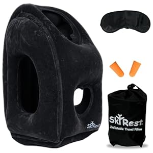Inflatable Travel Pillow Airplane Pillow for Neck Support on Long Flights Buses Cars Office Trains Comes with Eye Mask Earplugs Portable Drawstring Bag Black