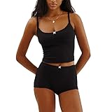 RUEWEY Women Floral Pajama Set Spaghetti Strap Lace Cami Crop Tops and Shorts Knit Lounge Set 2 Piece Outfits (B-Black, S)