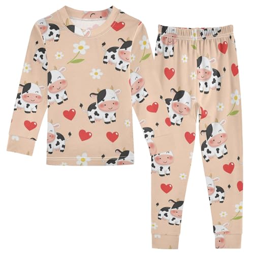 Pajama Sets Long Sleeve Cute Cows with Hearts Soft Comfy Sleepwear 2 Piece PJS 3-8T