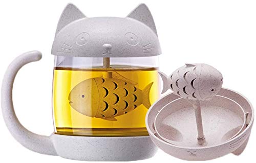 DK DKMG Glass Drinking Cup Tea Mug with Fish Tea Infuser Strainer Filter and Lid, Cute Cat Small Glass Tea Cup for Home and Office