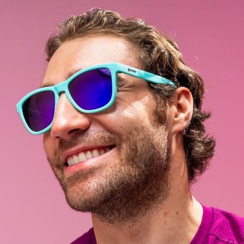 goodr Electric Dinotopia Carnival Polarized Sunglasses for Men & Women, Medium Sized (OG), Light Teal Solid Frames with Purple Mirrored Reflective Lens, UV400 Protection, No Slip, No Bounce3