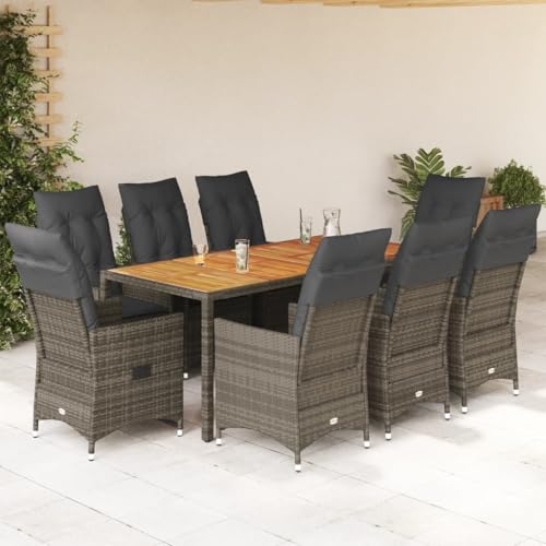 INLIFE Set Comedor jardín 9 pzas y Cojines ratán sintético Gris Mobiliario,Muebles de jardín,Conjuntos de jardín Gris 99kg