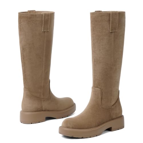 Image of VIUGJNEX Knee High Boots Women Low Heel Flat Chunky Fall Tall Riding Boots