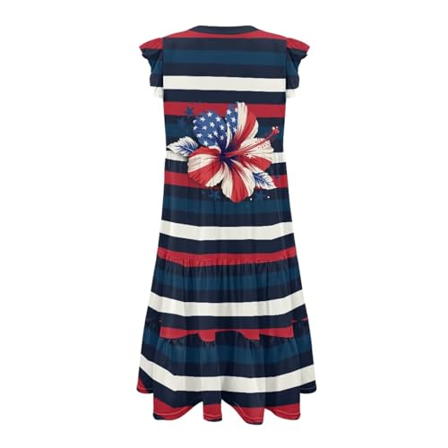 Image of Womens Summer Dress Ruffle Sleeve V Neck Dress Casual Fit Flowy Beach Vacation Sundress with Pocket S-2XL
