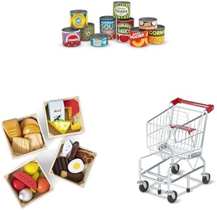 Juego de comestibles imaginario: 10 latas de comida de juguete con tapas, 21 piezas de comida de madera con 4 cajas y carrito de compras de metal con ruedas funcionales
