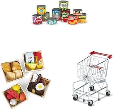 Melissa & Doug Pretend Grocery Set 10 Play Food Cans with Lids, 21 Wooden Food Pieces with 4 Crates, and Metal Shopping Cart with Working Wheels