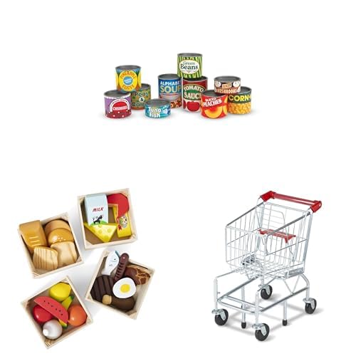 Melissa & Doug Pretend Grocery Set: 10 Play Food Cans with Lids, 21 Wooden Food Pieces with 4 Crates, and Metal Shopping Cart with Working Wheels - image 1