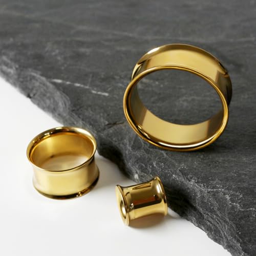 Treuheld® | 6mm Ohr Flesh Tunnel | Chirurgenstahl 316L in Gold | Dünn | Double Flared Ohrtunnel | Dünner Rand | hautfreundlich & antiallergen