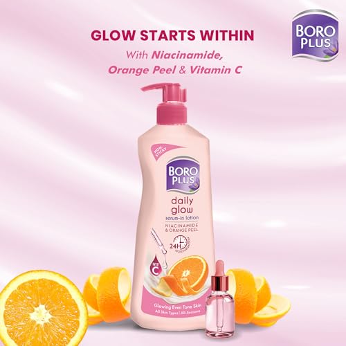 Image of BoroPlus Daily Glow Body Lotion | With Niacinamide, Orange Peel & Triple UV Filters | 24 hrs Moisturisation | For Glowing Even Tone Skin | All Seasons | All Skin Types | No Added Parabens | 400ml